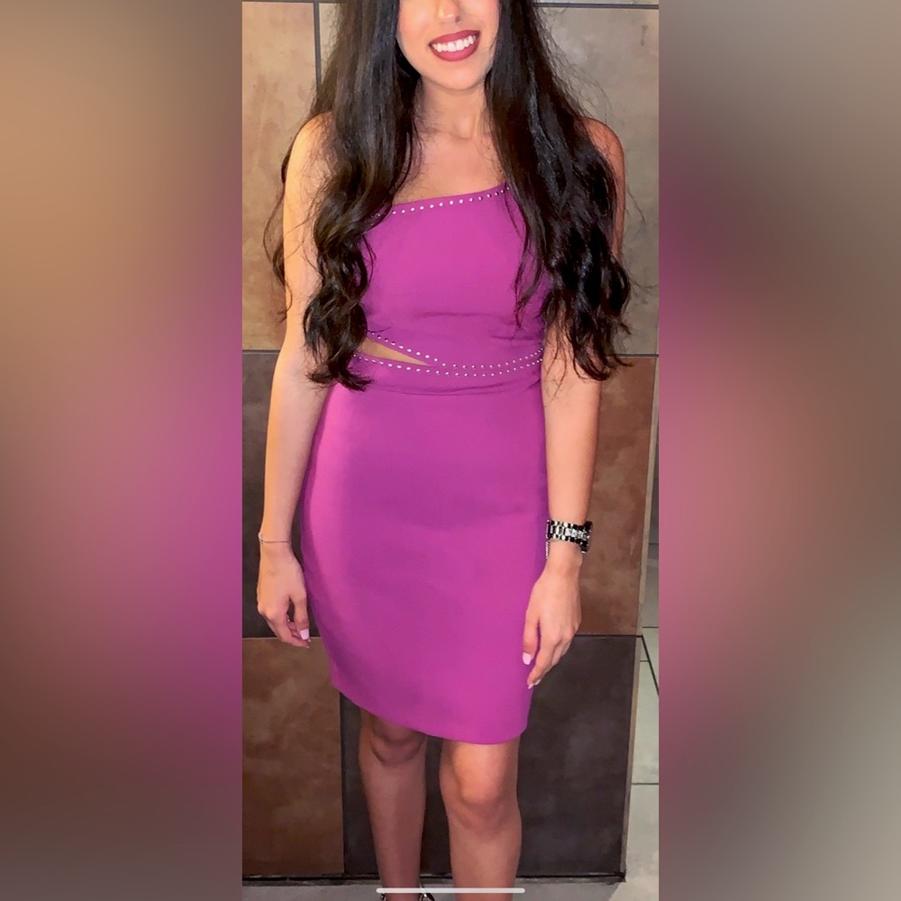 LIKELY One Shoulder Purple Dress with Studded and Cutout Detail